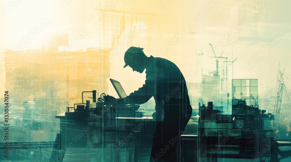 Poster silhouette of a worker analyzing data at a construction site