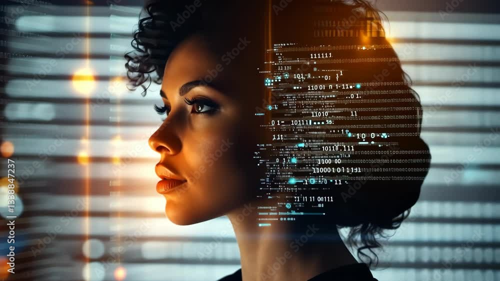 Poster a woman thoughtfully gazes into the distance, with digital coding patterns overlaying her profile, s