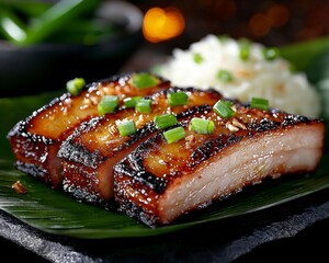 Indulge in the tantalizing flavors of authentic Thai cuisine with this exquisite grilled pork belly dish Tender slices of succulent pork are expertly marinated in a vibrant blend of aromatic