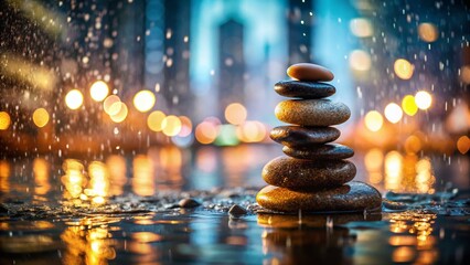 Obraz premium Precariously Balanced Wet Stones Near Water, Urban Exploration Photography