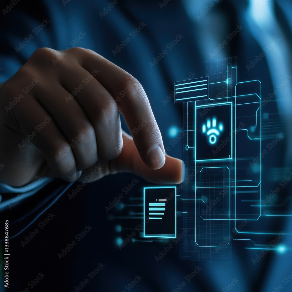 Poster businessman interacting with futuristic holographic interface showing network and data security