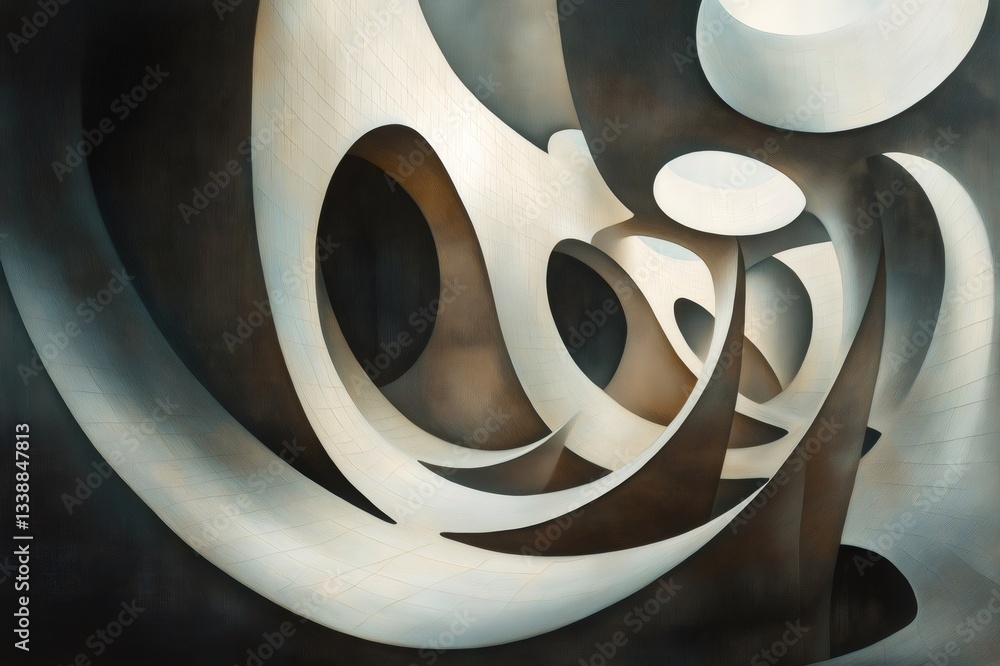 Poster abstract painting representing a futuristic interior design with curved shapes and round openings, c