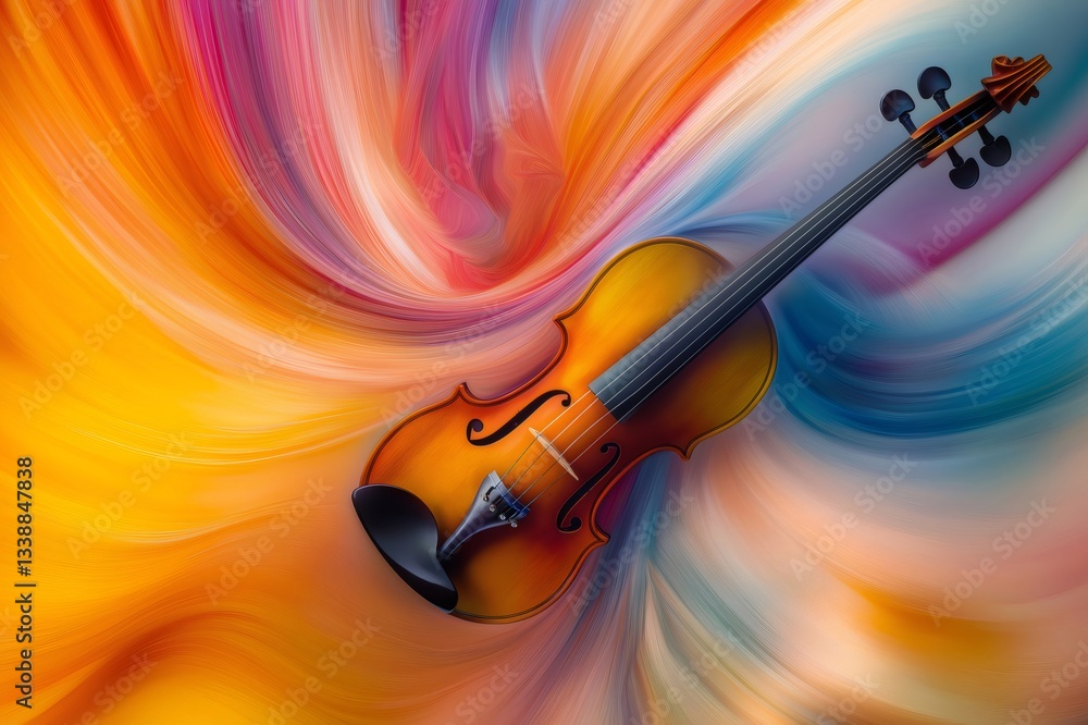 Poster classical string instrument floating on a colorful abstract swirl representing sound waves, music an