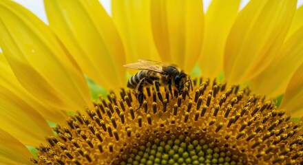Bee pollinating vibrant yellow sunflower close-up