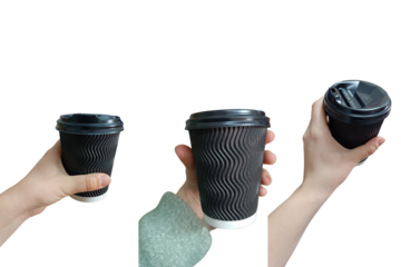 Isolate photo of a hand holding a glass of coffee, three options 