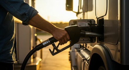 Close-up of fuel pump nozzle in male hand refueling truck at sunset