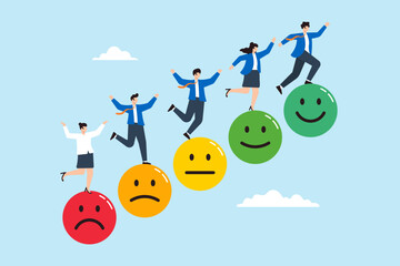 Flat illustration of business people jump from anxiety to delight emoji symbolizing workplace happiness and optimism