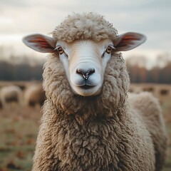 Fleece sheep portrait, autumn pasture, flock background, farm animal
