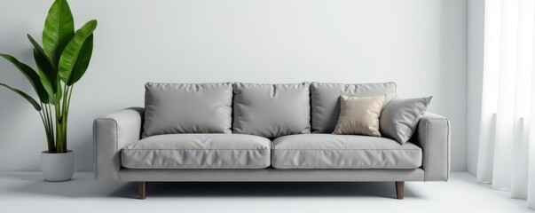 Modern grey sofa, clean backdrop, studio lighting , home, simple design, grey tones