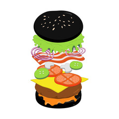 Black hamburger with layers or ingredients isolated on white background. Vector illustration