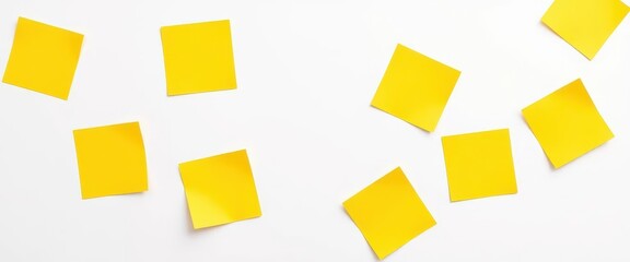 Several vibrant yellow paper notes scattered on clean white background, ample copy space, texture, minimal