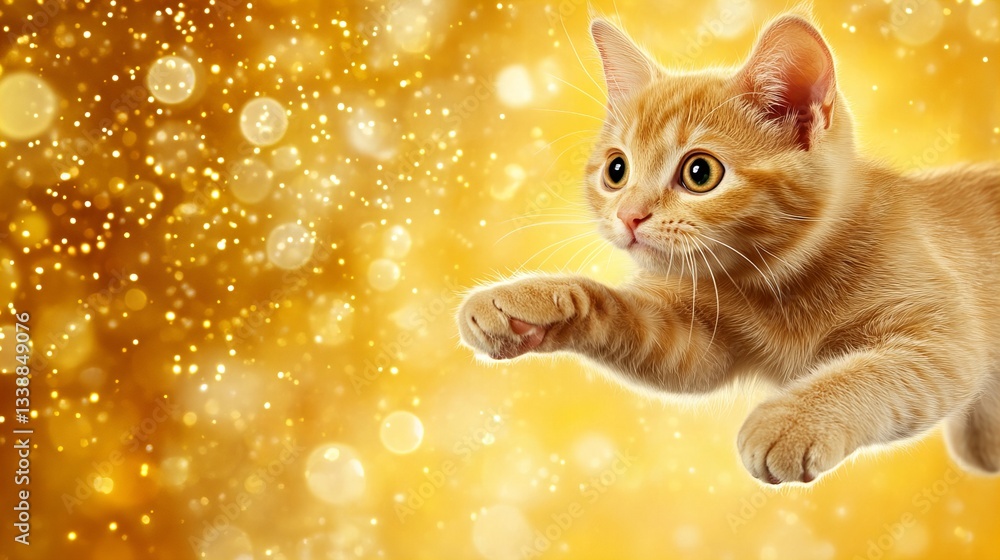 Poster ginger kitten is leaping forward with its paw extended in front of a bright golden backdrop filled w
