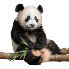 Fototapeta premium Cute baby panda sitting on bamboo and eating leaves in a natural environment, showcasing playful and curious behavior