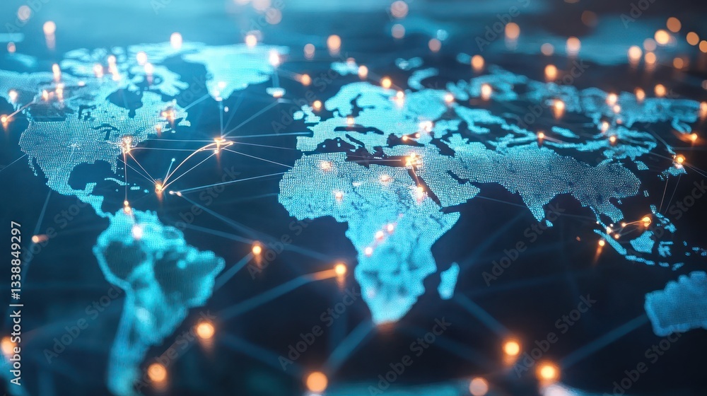 Poster global network connections illuminated on a digital world map