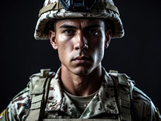 Fototapeta premium Determined Male Soldier in Tactical Military Uniform and Combat Helmet