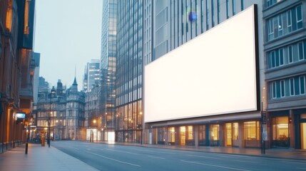 Obraz premium Tall building features a large blank billboard with urban details under a warm soft sunset glow