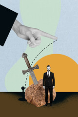 Art image vertical photo collage of serious man warrior wear formal suit steel sword ancient weapon...