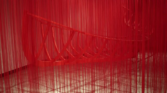 A striking red art installation featuring cascading threads partially obscuring a skeletal boat structure. The immersive composition evokes themes of journey, memory, and the passage of time.