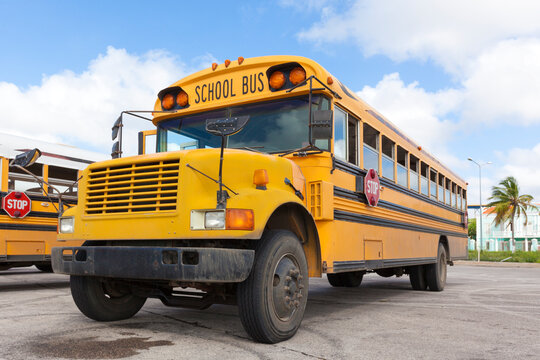 American yellow school bus, low angle view