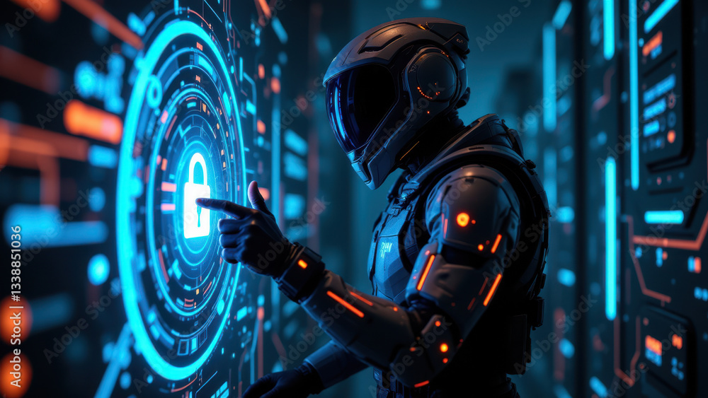 Poster futuristic security personnel operating a complex command center with holographic displays.