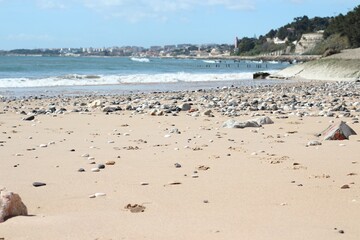 Sandy Beach Ocean Waves: Serene Coastal Landscape Under the Summer Sky