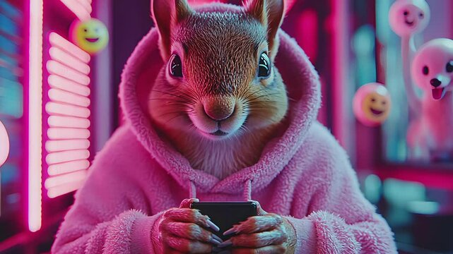 Squirrel in pink jacket engaging with smartphone in neonlit arcade setting