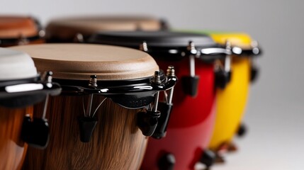Vibrant Arrangement of Conga Drums Ready for Percussion Performance