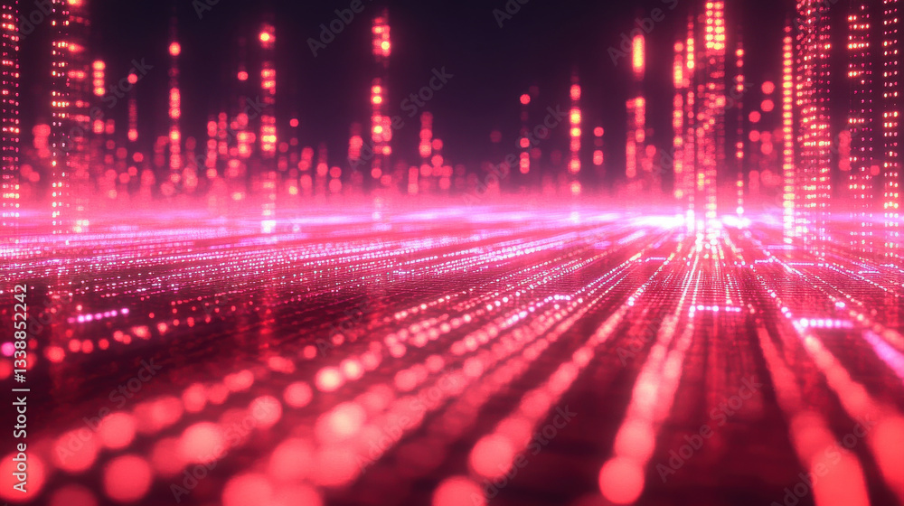 Poster vibrant digital landscape with glowing red data streams and patterns