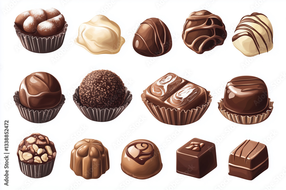 Poster collection of chocolate candies in various shapes and sizes. the candies are arranged in a row, with