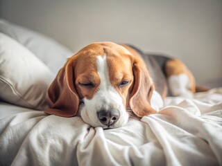 Obraz premium Peaceful Beagle Nap: Cozy Minimalist Dog Sleeping on Soft Bed