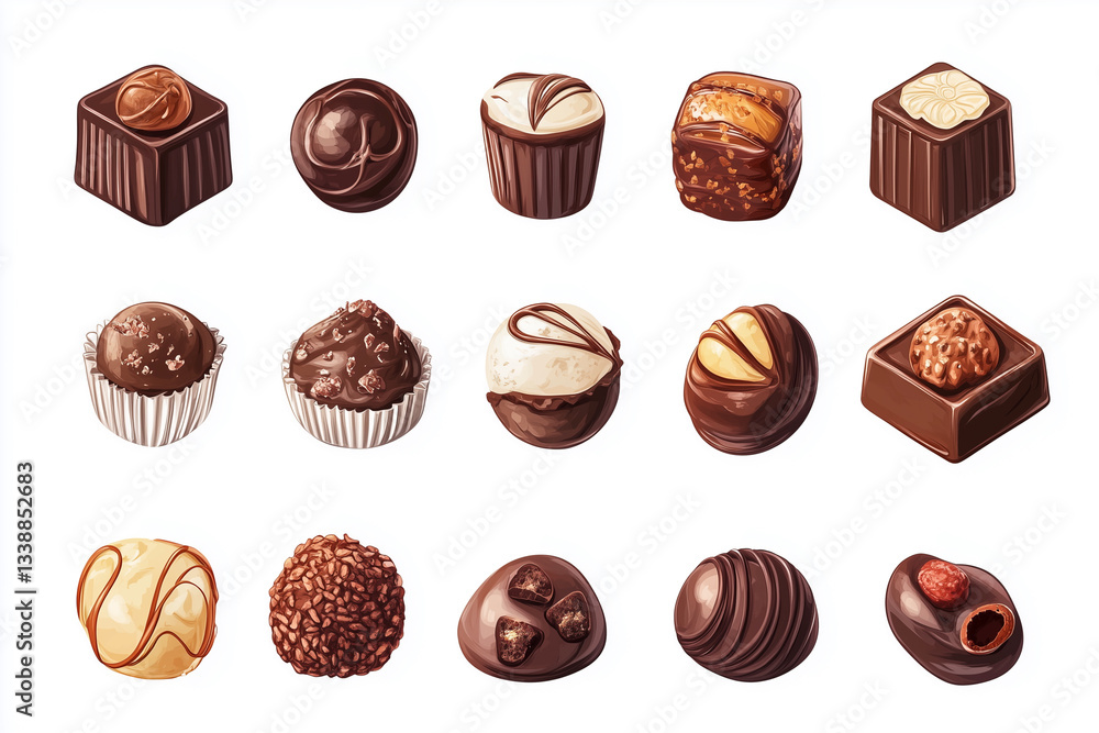 Poster collection of chocolate candies in various shapes and sizes. the candies are arranged in a row, with