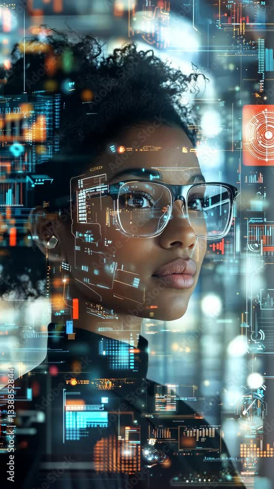 Poster A focused businesswoman analyzes data in a futuristic setting, demonstrating the synergy of technology and industries, underscoring the importance of datadriven decisionmaking in business
