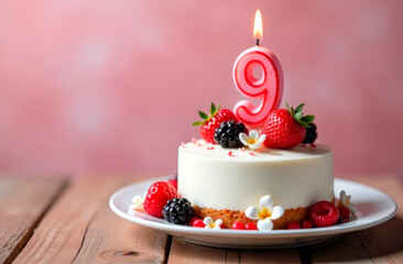 9 Year. Birthday Anniversary Sweet Cake. an anniversary greeting card or banner. Greeting Card, Banner with Burning Birthday Party Candle, Number, Flame. Design for Birthday Concept.