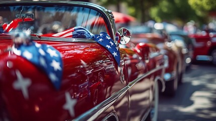Classic Cars Decorated with American Flags for Independence Day Celebration