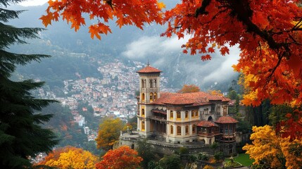 Obraz premium A Scenic Autumn Landscape with Historic Villa Surrounded by Trees
