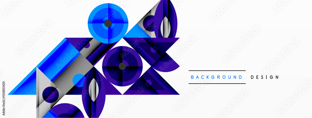 Poster geometric abstract composition with intersecting shapes, circles, triangles, and gradients, blending