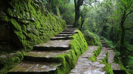 Serene Forest Pathway Lined with Mossy Stones and Lush Greenery