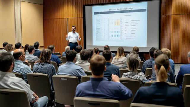 In a highly professional setting, a skilled speaker is presenting valuable data analytics insights to an engaged and attentive audience during an insightful technologyfocused conference event