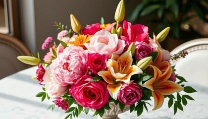 Elegant Floral Bouquet on Table with Roses Lilies and Peonies for Decoration