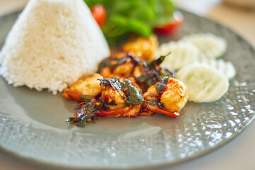 Stir fried shrimp basil ,thai food..