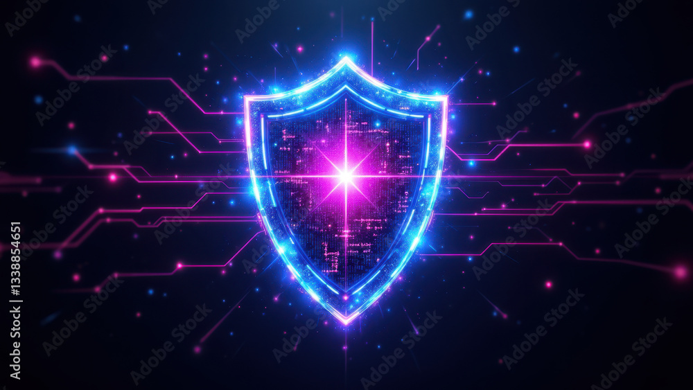 Poster a glowing cyber shield with digital graphics representing cybersecurity.