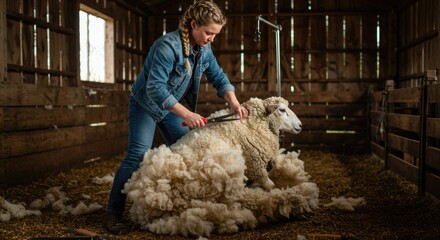 A female sheep farmer carefully shears the thick wool of a sheep, her hands moving with precision. The soft fleece falls in layers, revealing the freshly trimmed coat beneath