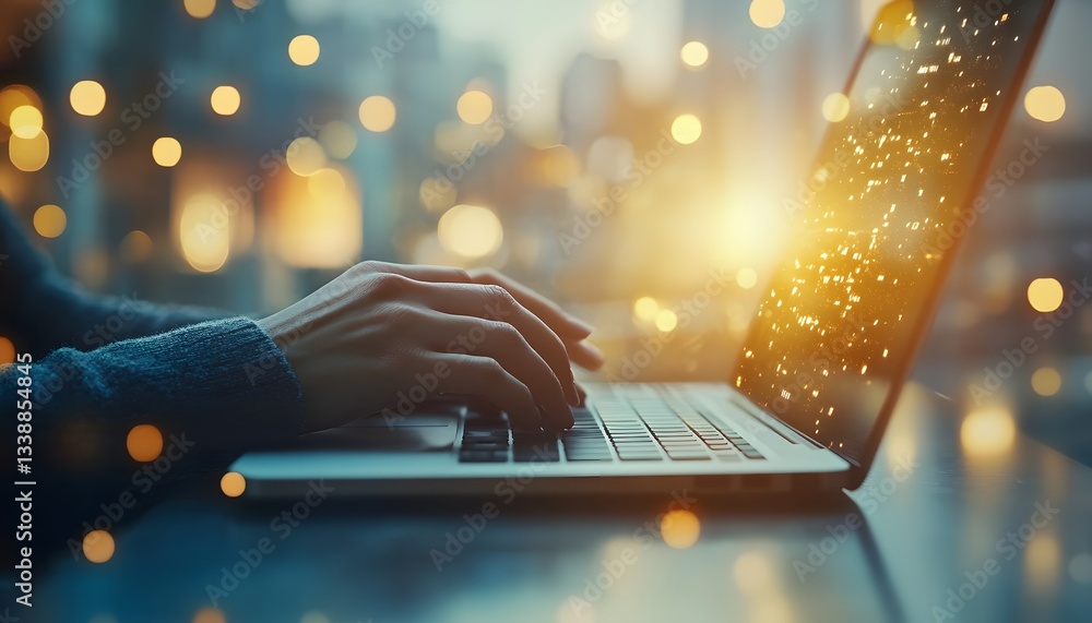 Poster hands typing on laptop with bokeh lights in background at sunset