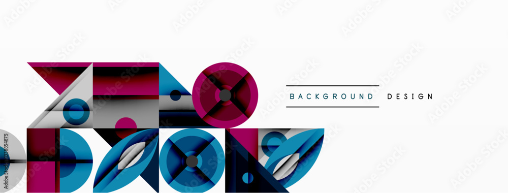 Poster Geometric abstract composition with intersecting shapes, circles, triangles, and gradients, blending vibrant colors and dynamic contrasts to create a modern, futuristic visual design