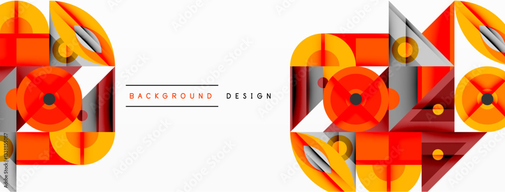 Aufkleber Geometric abstract composition with intersecting shapes, circles, triangles, and gradients, blending vibrant colors and dynamic contrasts to create a modern, futuristic visual design