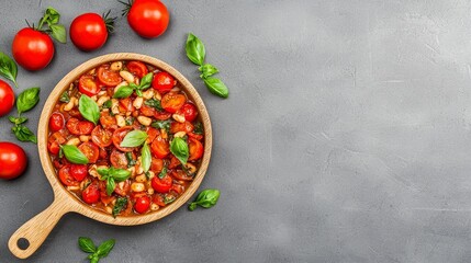 Mediterranean tomato and bean dish: a top-down presentation of a vibrant Mediterranean tomato and bean dish with fresh basil leaves in a wooden tray.