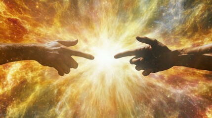 Fototapeta premium Divine Hands Touching in Cosmic Explosion