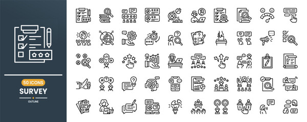 Survey vector line icon set. Contains linear outline icons like Feedback, Questionnaire, Voting, Rating, Review, Quiz, Poll, Satisfaction, Election, Chat, Checkmark, Choice. Editable use and stroke. 
