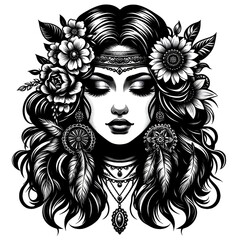 Bohemian Woman Illustration with Feather and Flower Embellishment - Monochrome Style