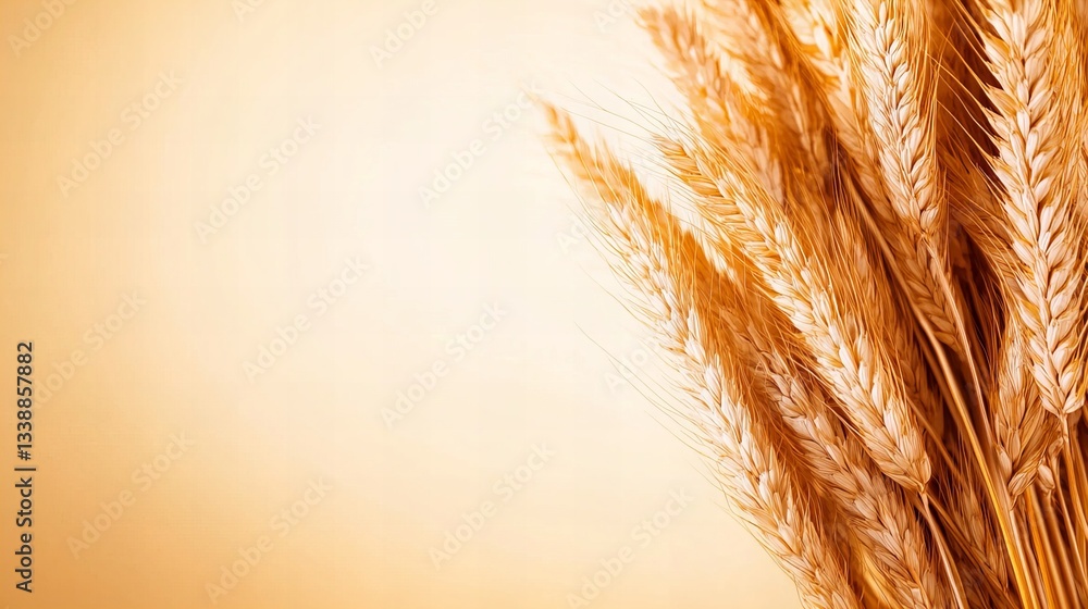 Poster golden wheat stalks are arranged on a soft gradient background, presenting their detailed texture an